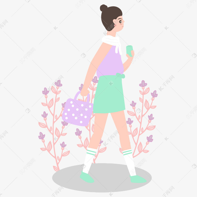 卡通插画风走路的女人
