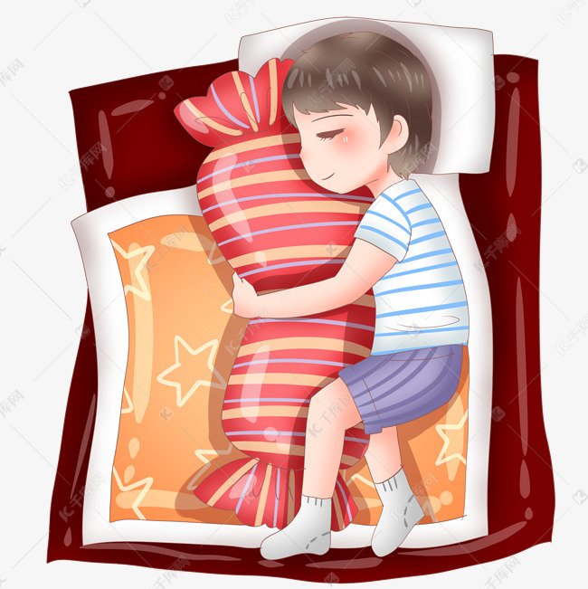 抱着枕头睡觉的男孩