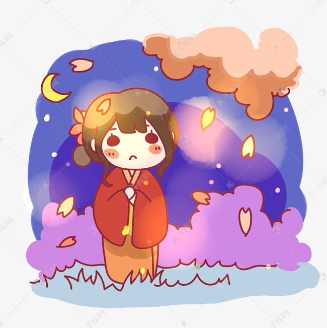 夜空樱花飘落和服少女png