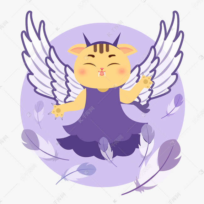羽毛翅膀飞翔猫咪手绘插画psd