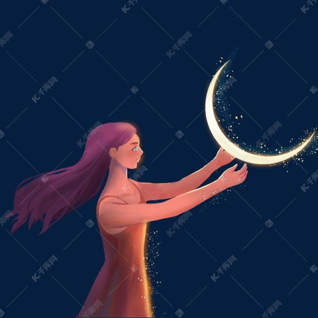 摘月亮的小女孩卡通手绘png素材