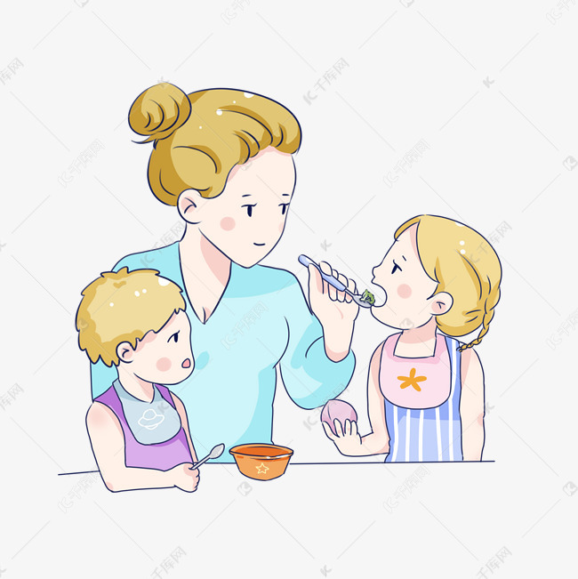 手绘卡通母婴喂孩子饭