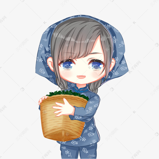 手绘卡通q版采茶女