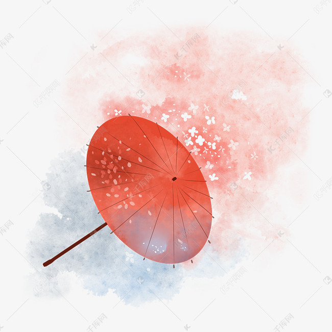 红色古风花卉水彩雨伞