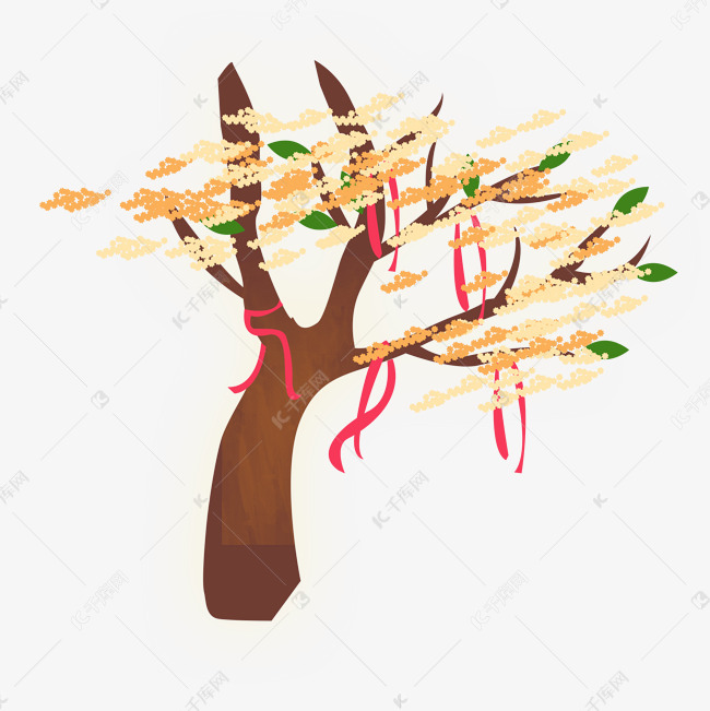 挂着红色祈福带的大树