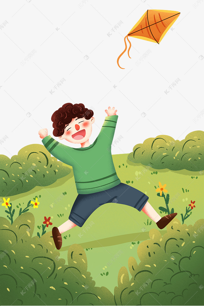 手绘卡通小男孩在草坪上放风筝元