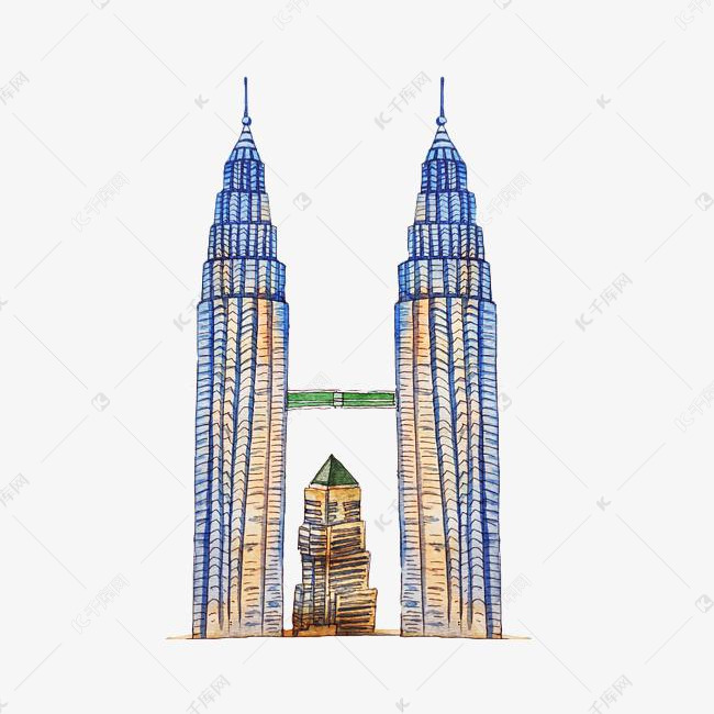 手绘双子塔建筑物插画