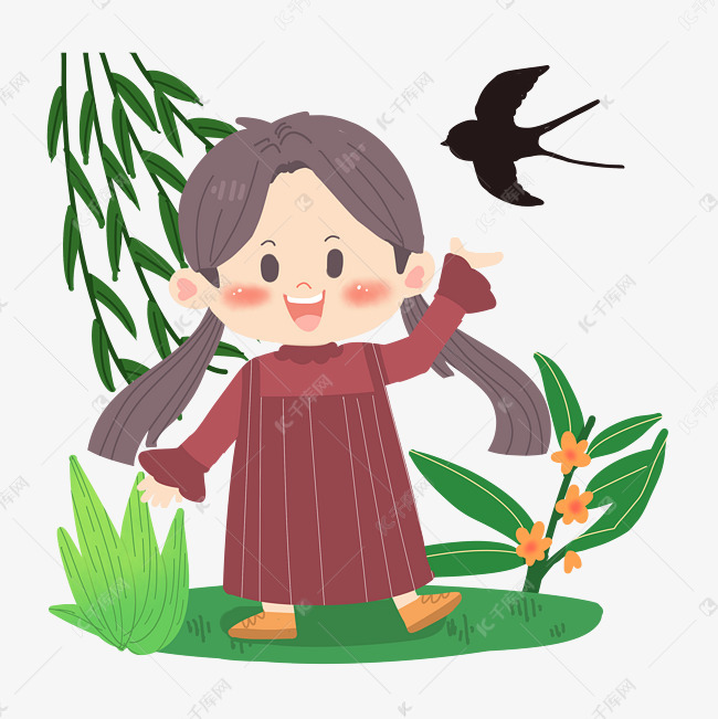 春天卡通女孩与小燕子png素材