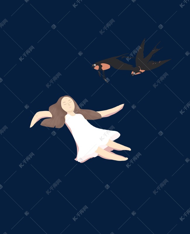 女孩与燕子小清新插画