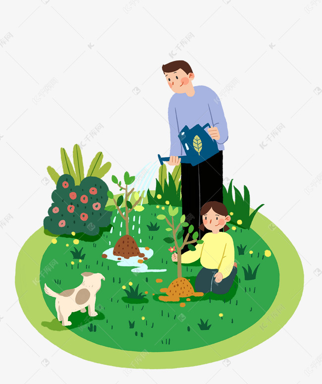 植树节种树卡通人物手绘插画