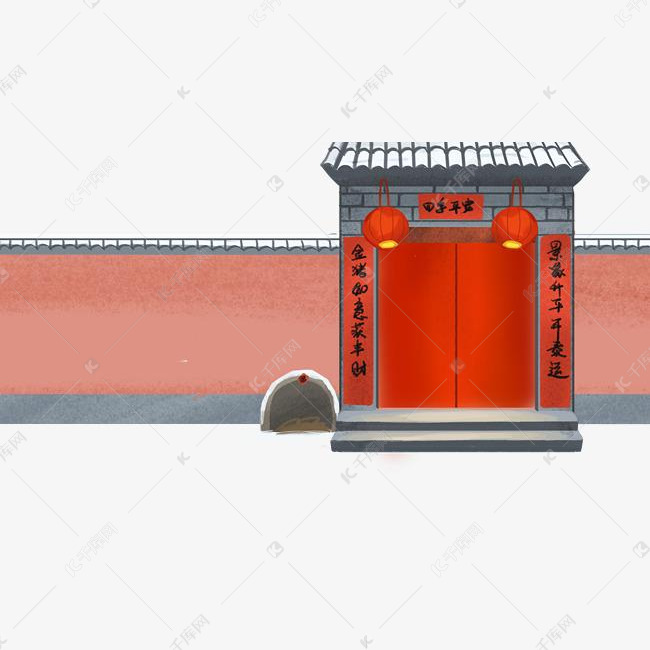 手绘卡通喜庆大门和院墙元素