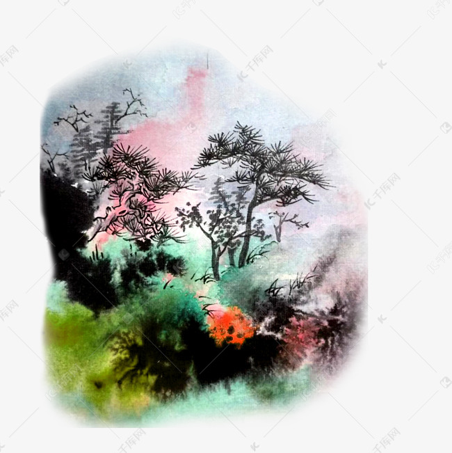 水墨中国画线描梦幻晕染png
