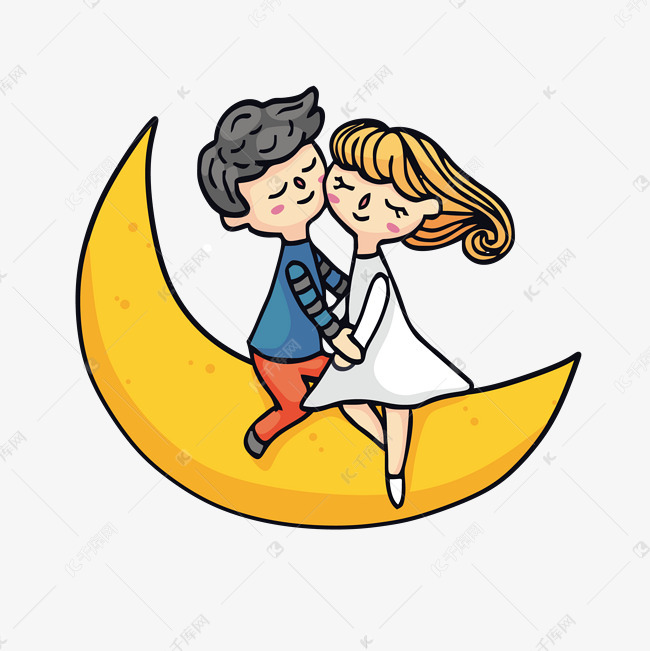 卡通手绘月亮上的情侣矢量素材