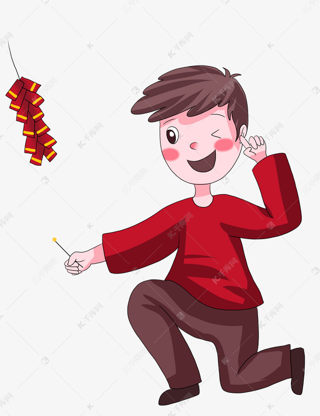 过大年卡通快乐红衣男孩放鞭炮