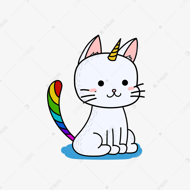 手绘卡通的彩色尾巴小猫咪