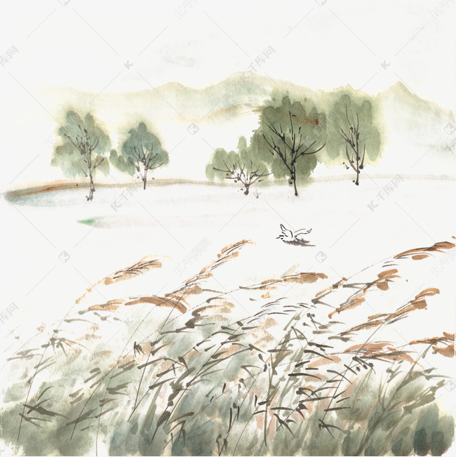 芦苇坡水墨画png免抠素材