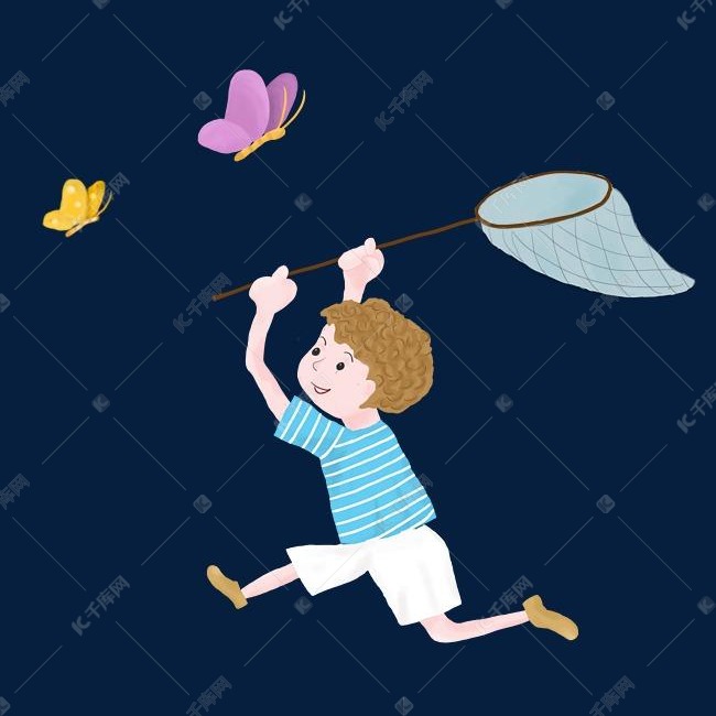 网兜蝴蝶的小男孩png