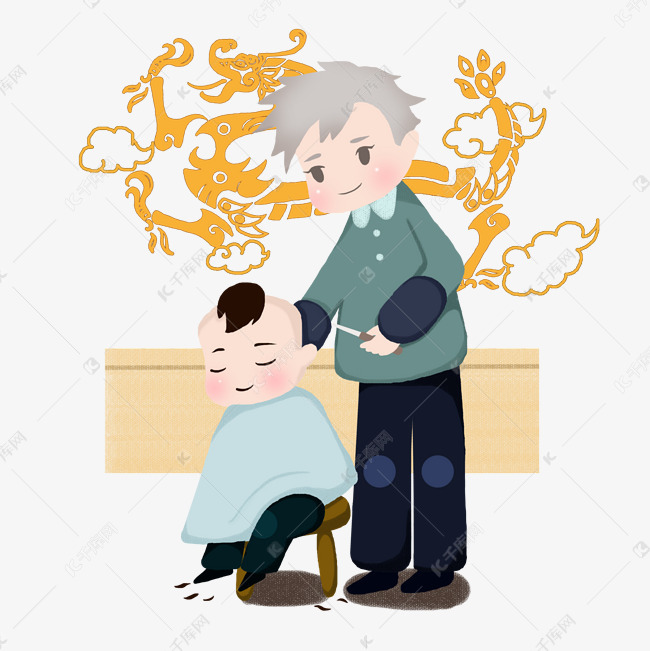 手绘二月二日理发师给男孩理发