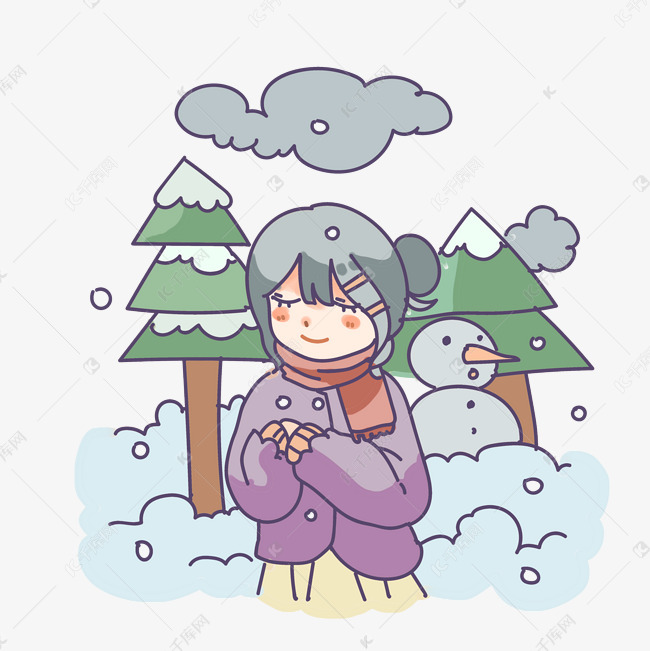 冬日下雪天卡通少女png