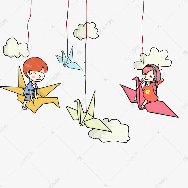 手绘情侣人物折纸千纸鹤插画