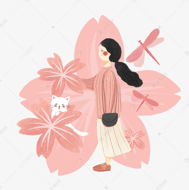 春天樱花少女猫咪蜻蜓粉色烂漫p