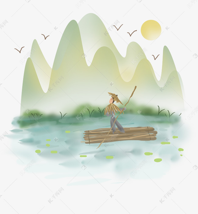 木筏插画图片