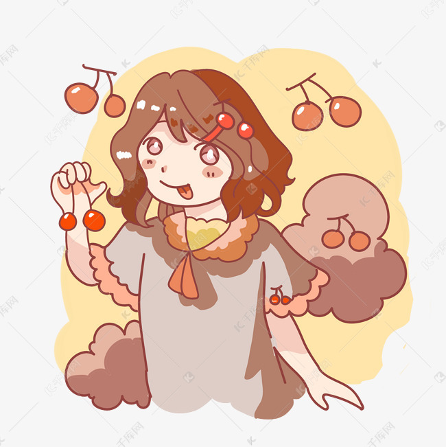 温柔吃樱桃女生卡通手绘png