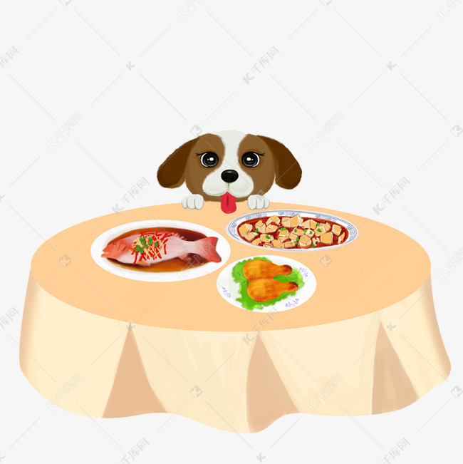 卡通手绘享受年夜饭的狗狗