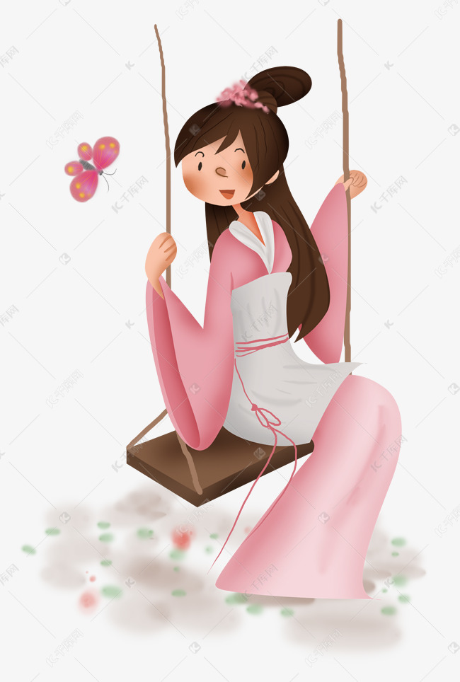 踏春荡秋千的古代女孩