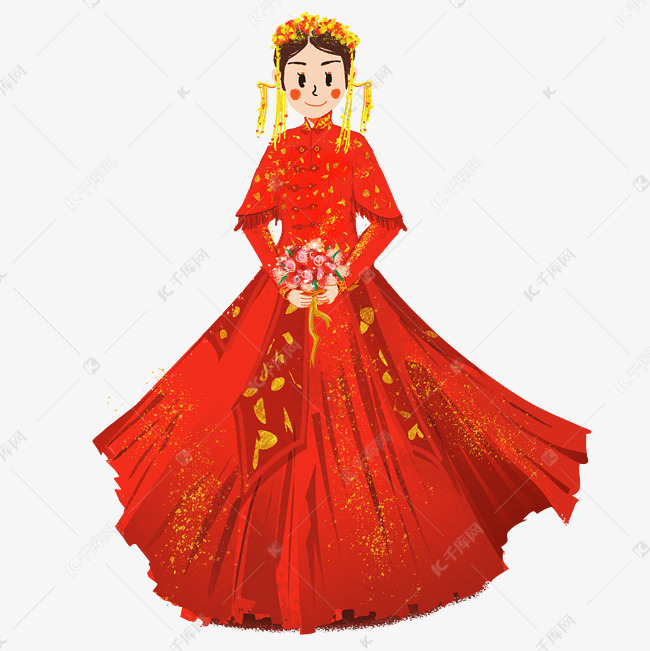 手绘可爱新娘情侣中式婚礼礼服装饰免费下载