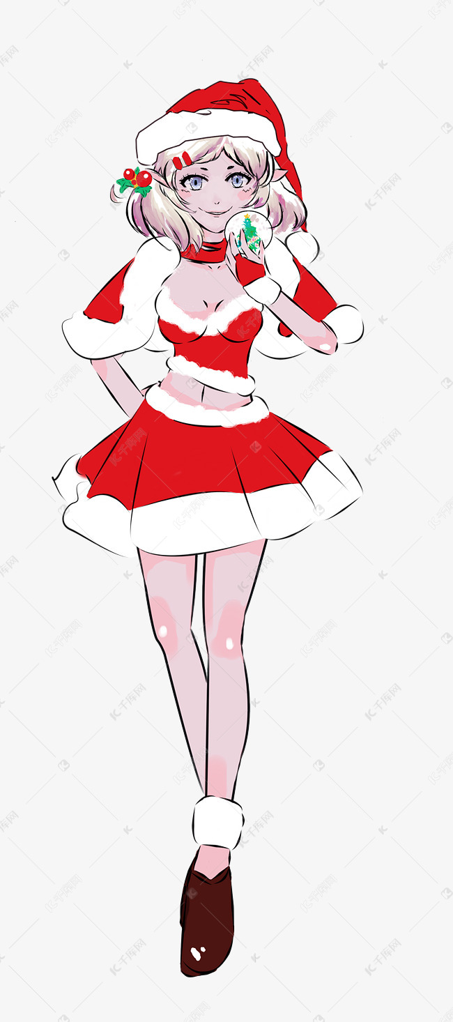手绘圣诞红衣女孩