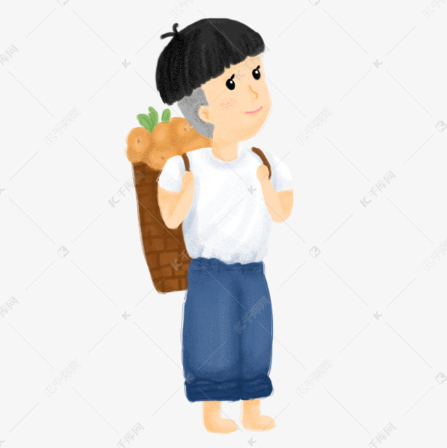 春天夏天男孩背筐手绘插画psd