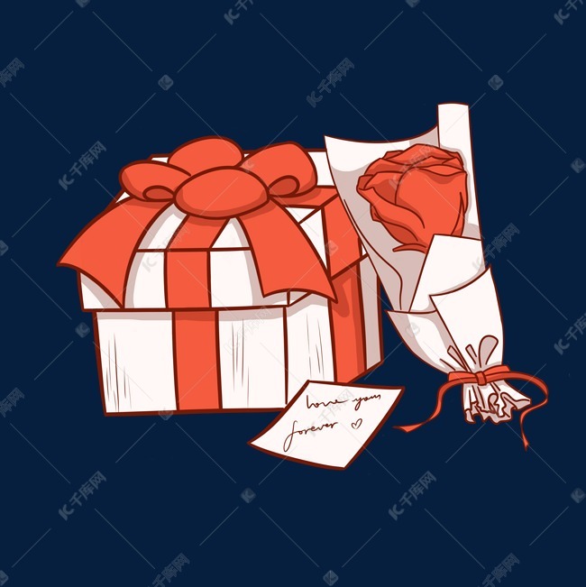 手绘玫瑰花和礼盒插画