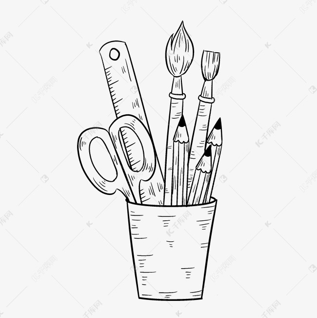 手绘文具线描插画
