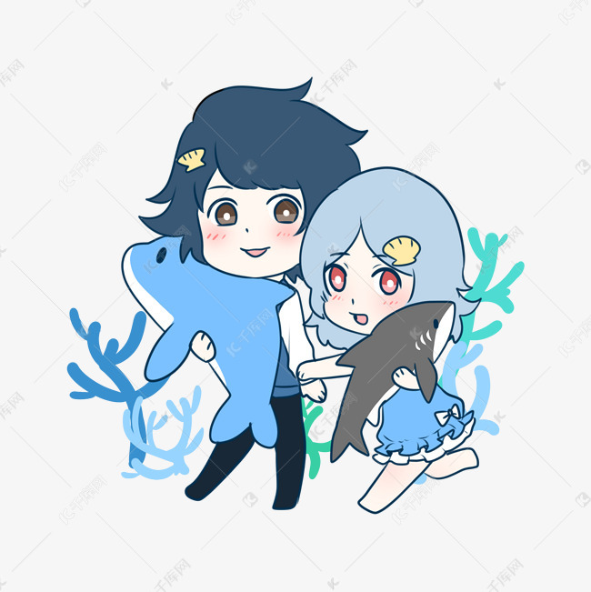 情人节卡通可爱手绘情侣鲨鱼与海