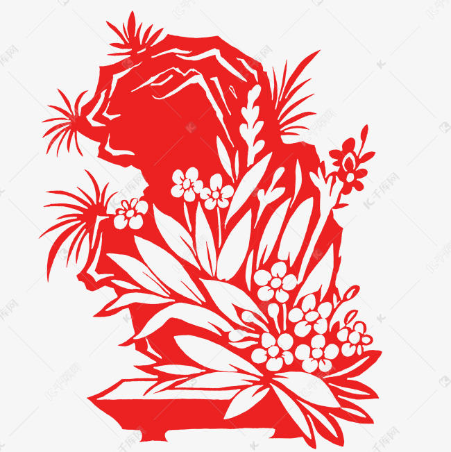 红色剪纸风水仙山石免扣素材