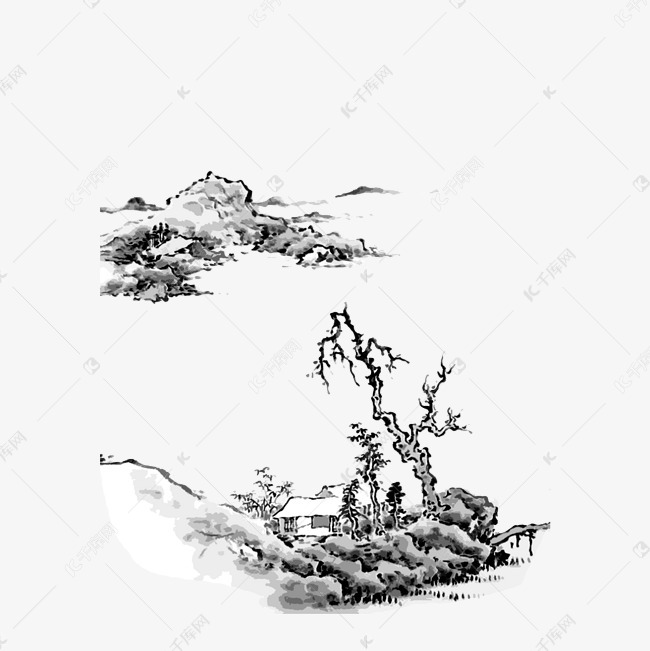 山水水墨黑白东方意境线条png