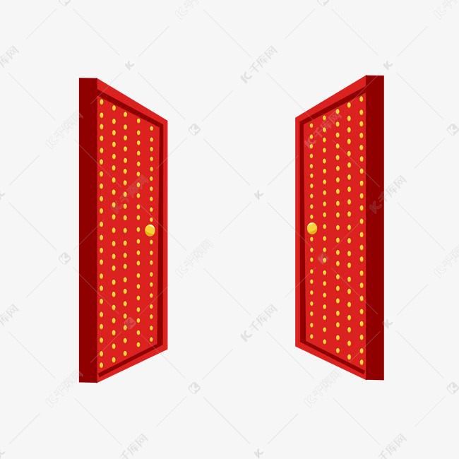 手绘两扇大红门插画