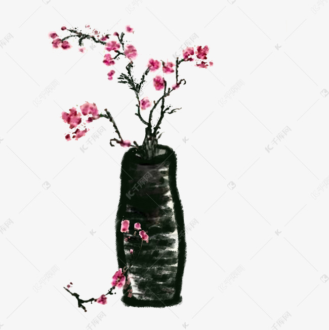 手绘中国风花瓶桃花枝水墨画png素材图片免费下载 高清卡通手绘psd 千库网 图片编号