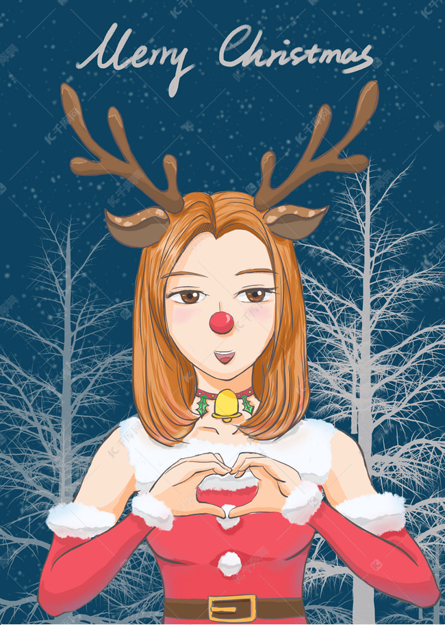 手绘圣诞麋鹿小姐姐