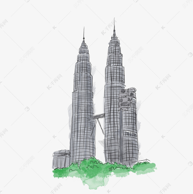 手绘马来西亚双塔水彩插画