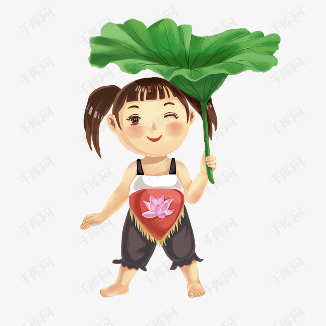 牧童可爱卡通肚兜女孩手拿荷叶