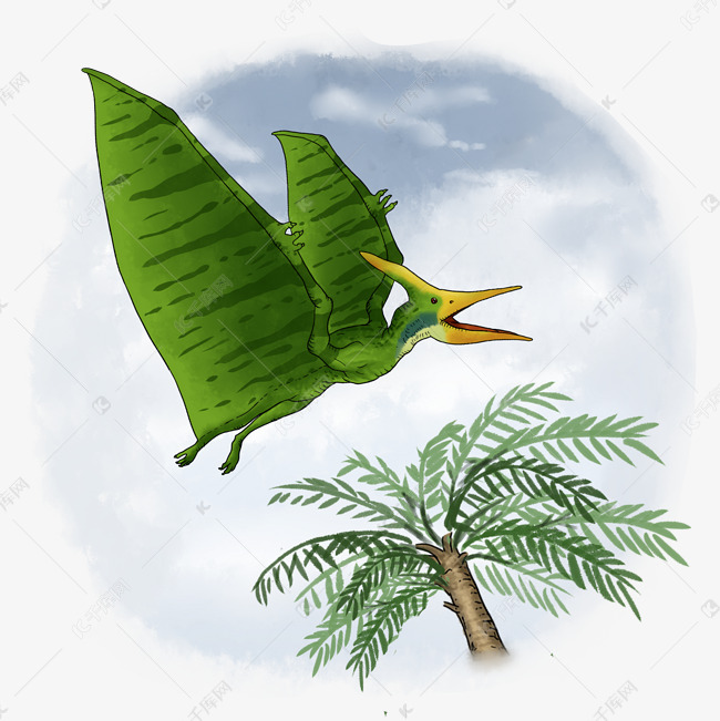 手绘风格在树顶上空飞行的绿色翼