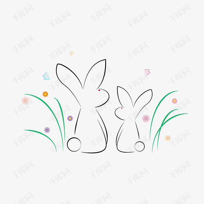 简约线条可爱草丛里的小兔子矢量