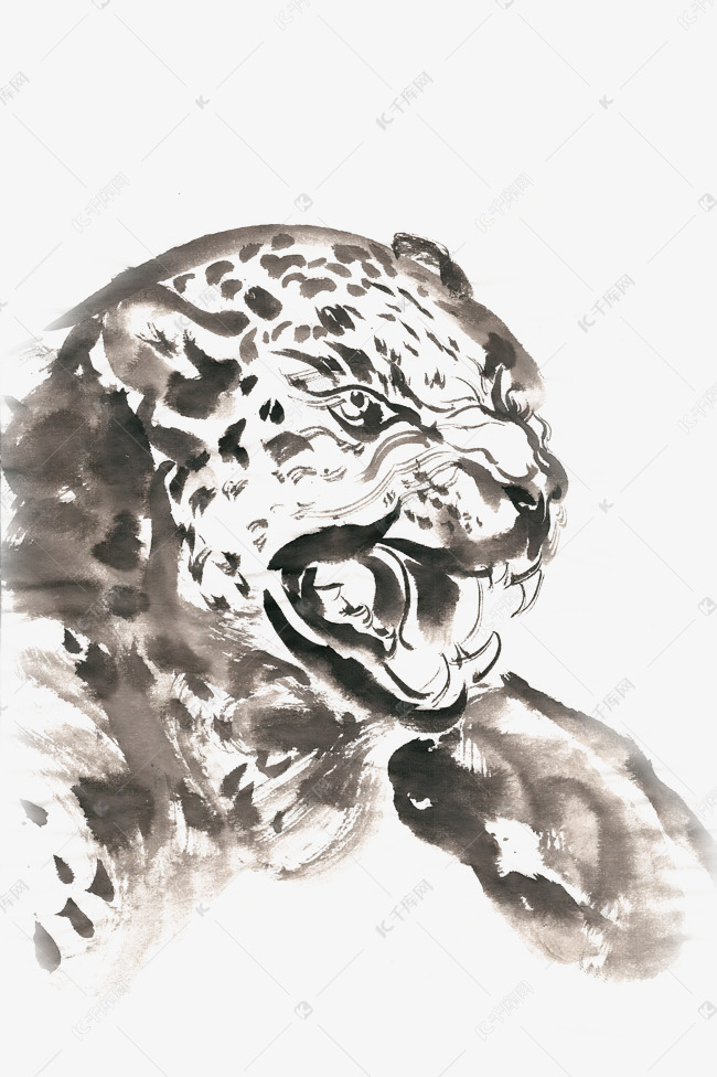 咆哮的豹子水墨画png免抠素材