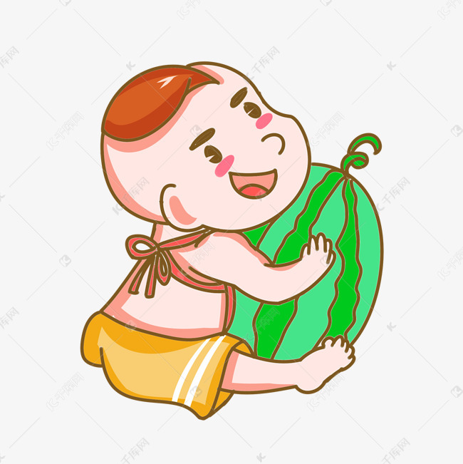 抱着西瓜的男孩手绘