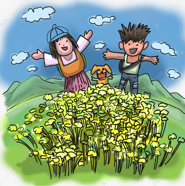 踏青主题春季风景卡通手绘漫画风