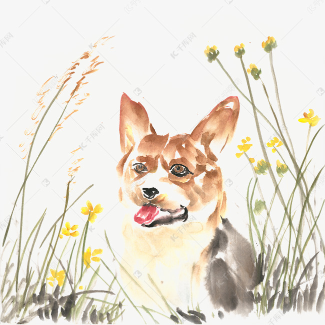 花丛中的小狗水墨画png免抠素材图片免费下载 高清卡通手绘psd 千库网 图片编号