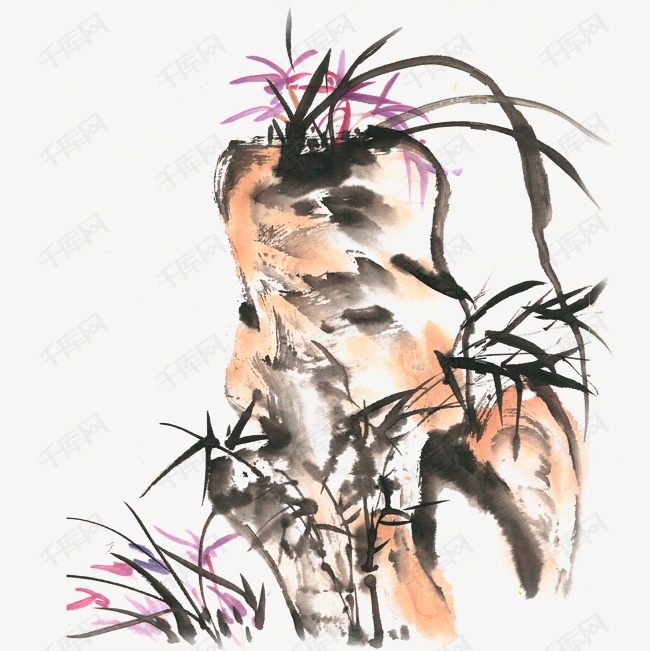 兰花与竹子水墨画png免抠素材