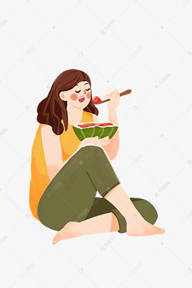吃西瓜的小女孩插画